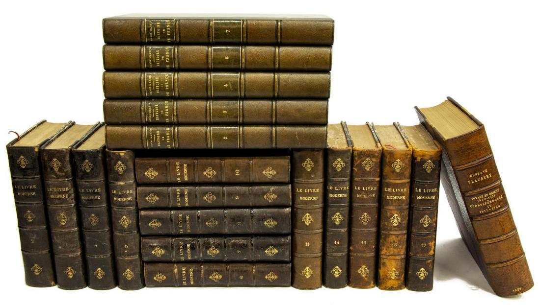 (20) FRENCH LIBRARY SHELF BOOKS: (lot of 20) French library shelf books, 20th c., some having marbleized boards, gilt embossed spines and leather binding, including partial series La Livre Moderne and Histoire de France, largest: app