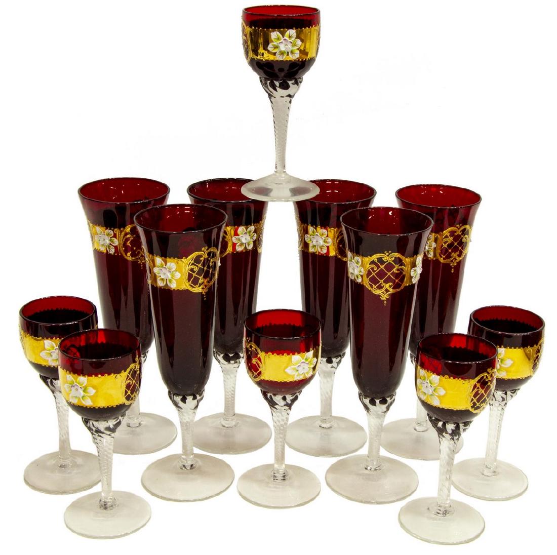 (12) BOHEMIAN GILT ENAMEL RUBY GLASS STEMWARE (1 of 2)
