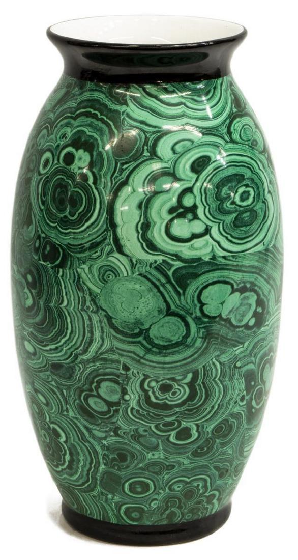ITALIAN MAJOLICA FAUX MALACHITE BALUSTER VASE: Italian majolica baluster vase, 20th c., with faux malachite decoration, marked underfoot Busnelli, approx 14"h, 4.5lbs Start Price: $80.00