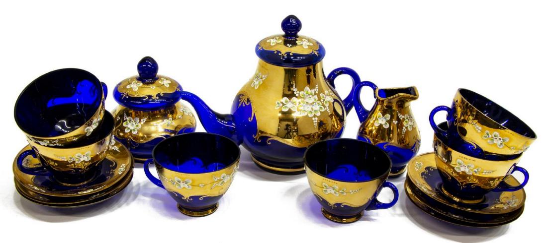 (15) BOHEMIAN GILT ENAMEL COBALT GLASS TEA SET (1 of 2)