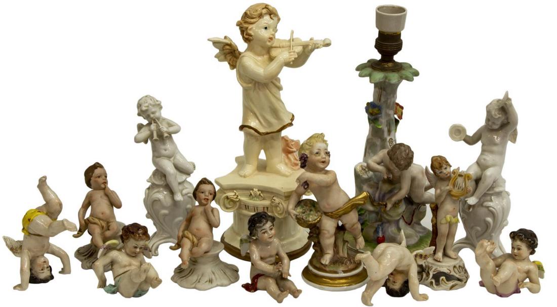 (13) CONTINENTAL PORCELAIN PUTTI, CAPODIMONTE: (lot of 13) Continental porcelain putti, 20th c., highlights include: (5) Capodimonte winged putti, in various frolicking poses, marked with crowned N, tallest: approx 4.25"h, 2.5"w, 2.25"d, (2) Capod