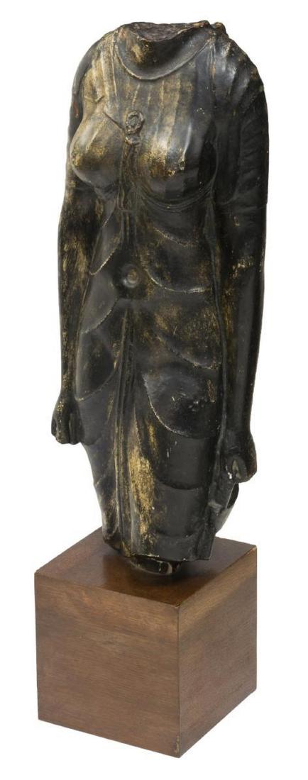 ANCIENT EGYPTIAN STYLE COMPOSITE SEMI-NUDE FIGURE: Standing painted and composite sculpture, Ancient Egyptian style headless figure, parcel gilt, raised on a wood base, approx 33"h, 7.5"sq Start Price: $80.00