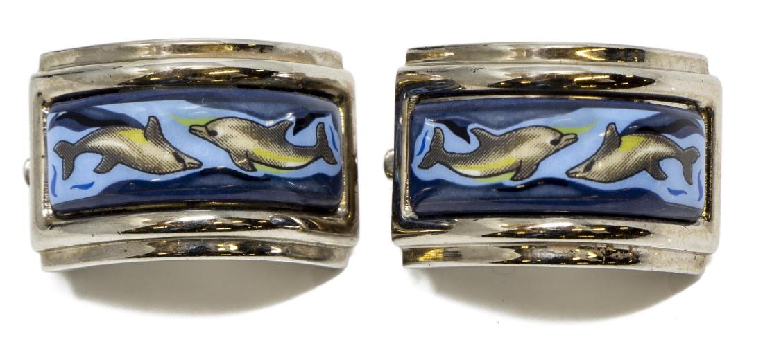 (PR) HERMES SILVER-TONE ENAMELED DOLPHIN EARRINGS (1 of 2)