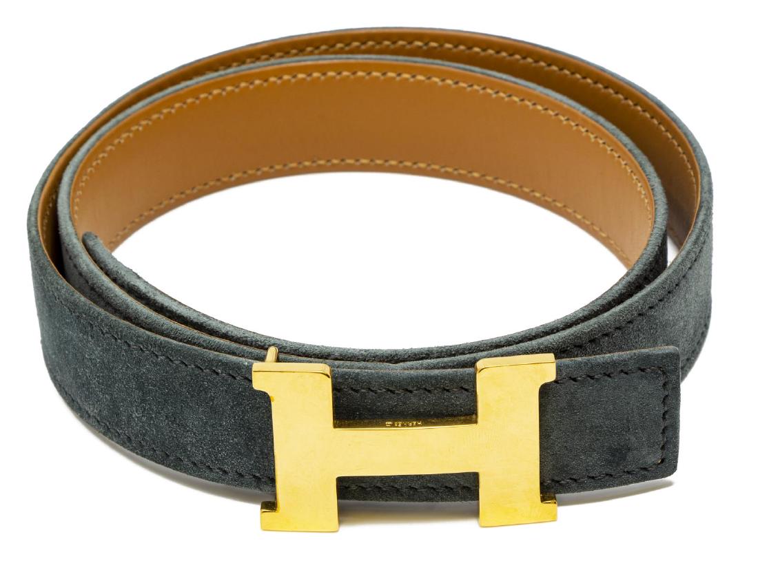 HERMES GREEN SUEDE & GOLD-TONE "H" LOGO BELT (1 of 4)