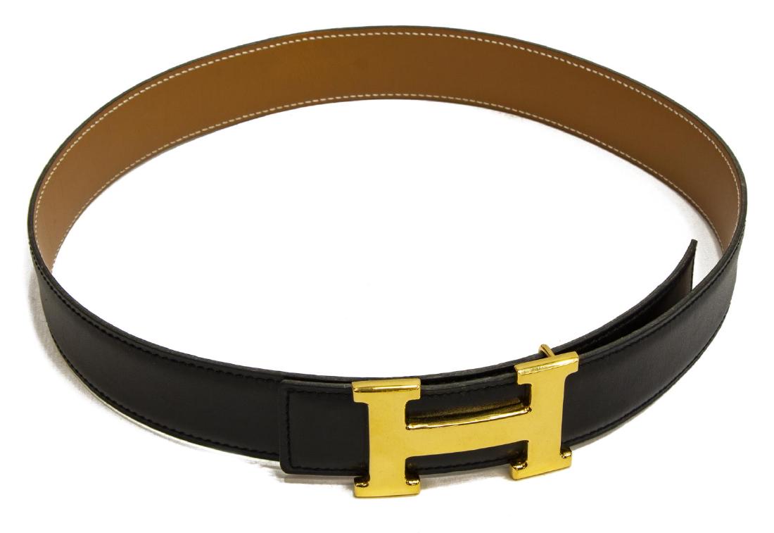 HERMES BLACK/TAN LEATHER GOLD-TONE 'H' LOGO BELT (1 of 3)