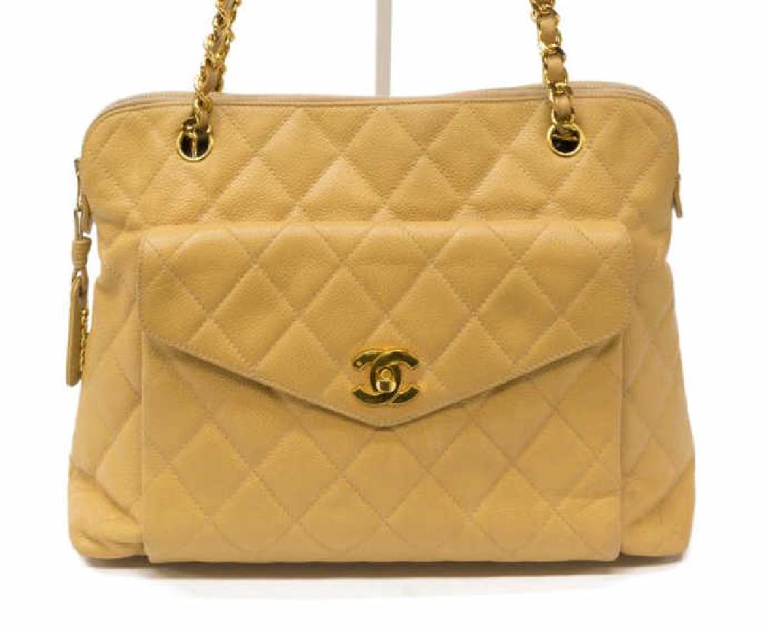 VINTAGE CHANEL BEIGE QUILTED CAVIAR LEATHER TOTE (1 of 7)