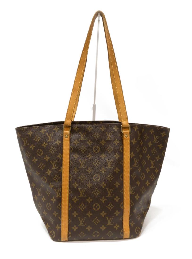 LOUIS VUITTON 'SAC SHOPPING PM' MONOGRAM CANVAS: Louis Vuitton "Sac Shopping PM" tote bag, in brown and tan monogram coated canvas, with brass hardware, tan vachetta leather trim, dual flat handles, open top with brown canvas lined interior having s