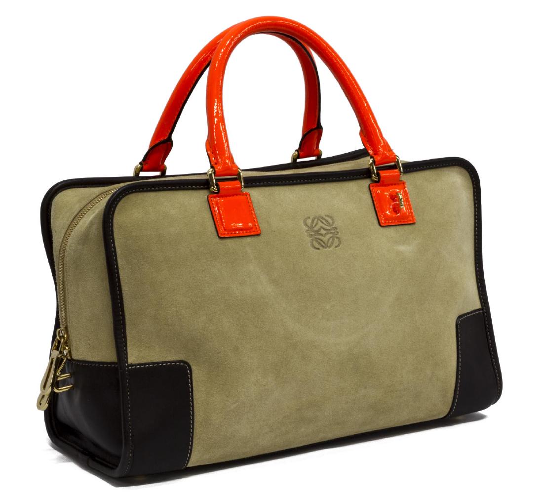 LOEWE 'AMAZONA' COLORBLOCK SUEDE & PATENT BAG: Loewe "Amazona" bag, in camel suede and neon orange patent leather, with gold-tone hardware, dual rolled top handles, stamped logo at front, contrasting neon orange leather lining, dual pockets at int