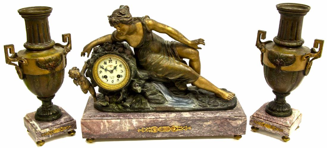 (3) FRENCH FIGURAL MANTEL CLOCK & URN GARNITURES (1 of 6)