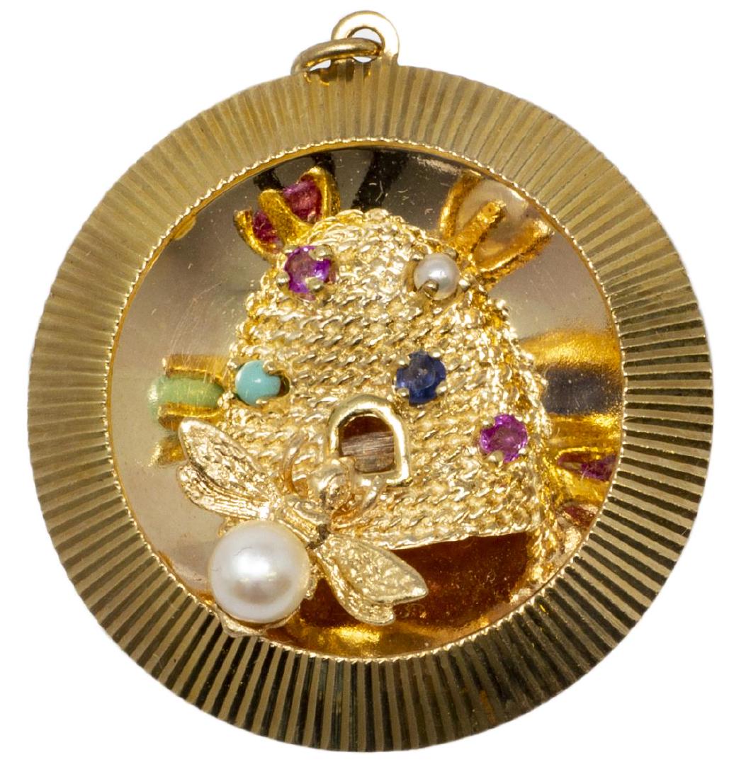 ESTATE 14KT GOLD & GEMSET BEE & BEEHIVE PENDANT (1 of 2)