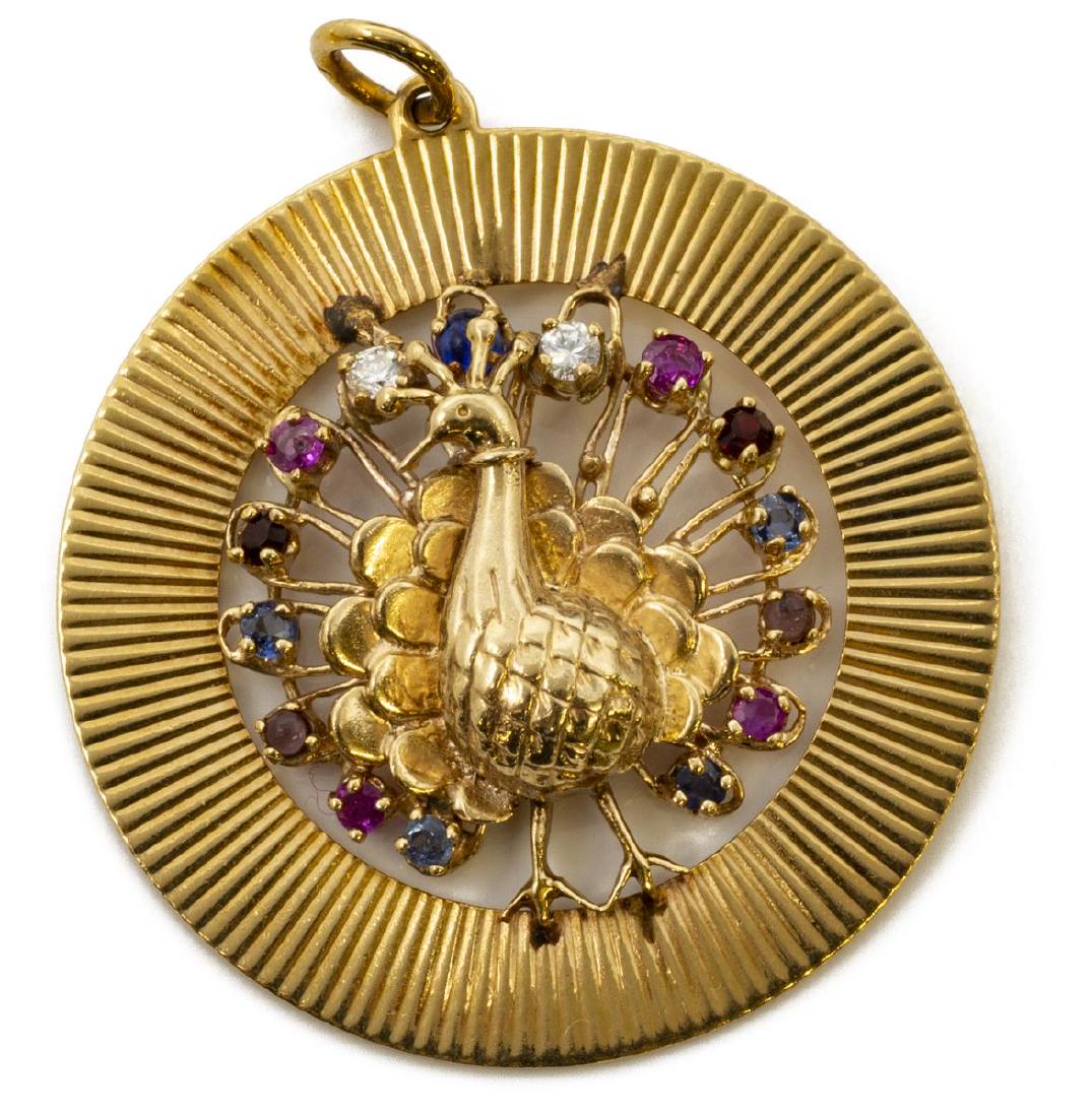 ESTATE VINTAGE 14KT GOLD GEMSET PEACOCK PENDANT (1 of 3)