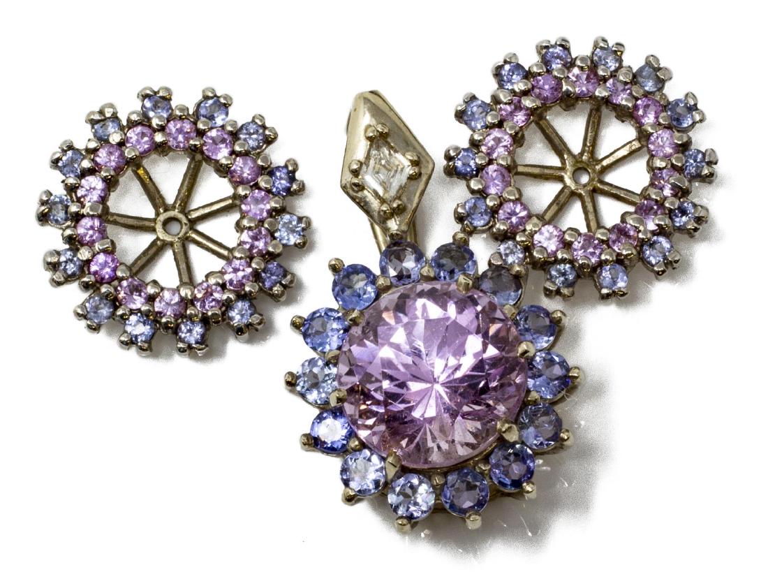 (3) ESTATE 14KT GOLD, KUNZITE & IOLITE JEWELRY: (set of 3) Estate 14kt gold, kunzite and iolite jewelry group: (1) pendant, 1.25"l; (pair) circular ear jackets for pierced ears, .50"; 14.2 grams (inclusive of all material) Start Price: $200.00