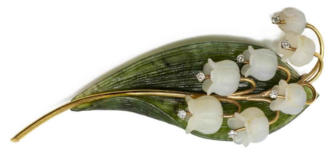 LILY OF VALLEY 14KT, JADE & ROCK CYSTAL BROOCH (1 of 5)