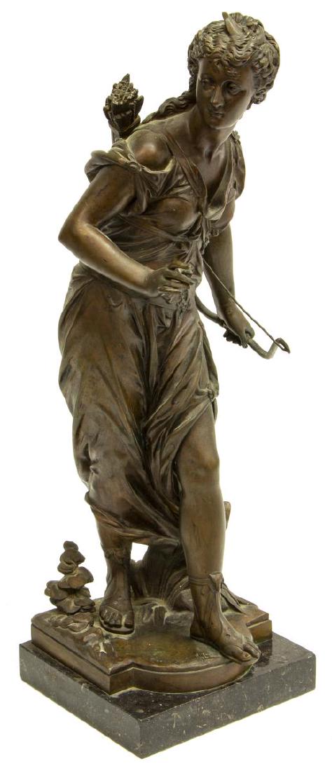EUTROPE BOURET (D.1906) DIANA BRONZE SCULPTURE: Patinated bronze sculpture, Diana, signed in cast Bouret sculpt., after Eutrope Bouret (France, 1833-1906), depicting the goddess of the hunt with bow and quiver of arrows, presented on stone base, ap