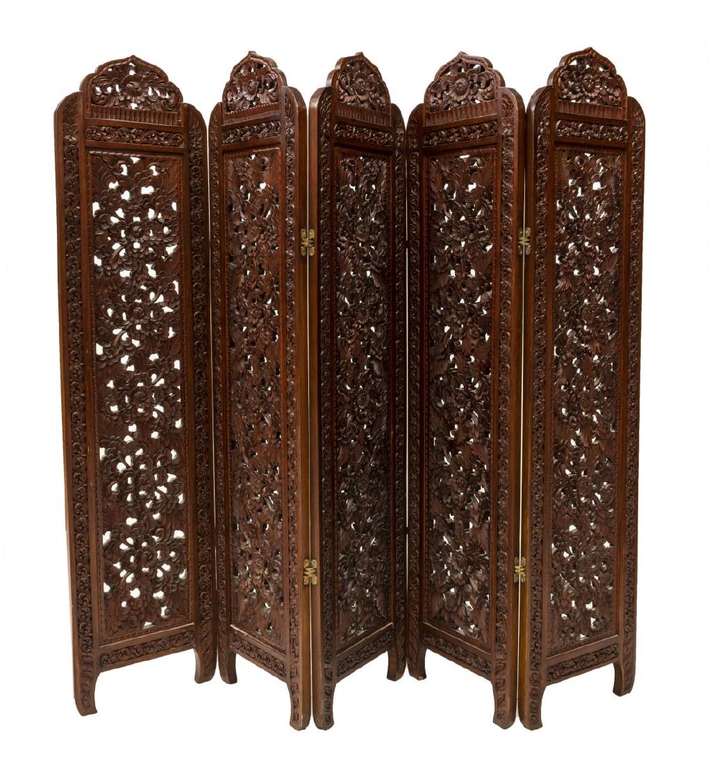 SOUTHEAST ASIAN CARVED MAHOGANY FOLDING SCREEN (1 of 3)
