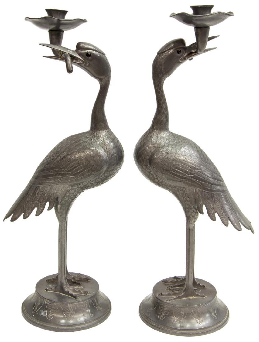 (PAIR) CHINESE PEWTER CRANE CANDLESTICKS (1 of 3)