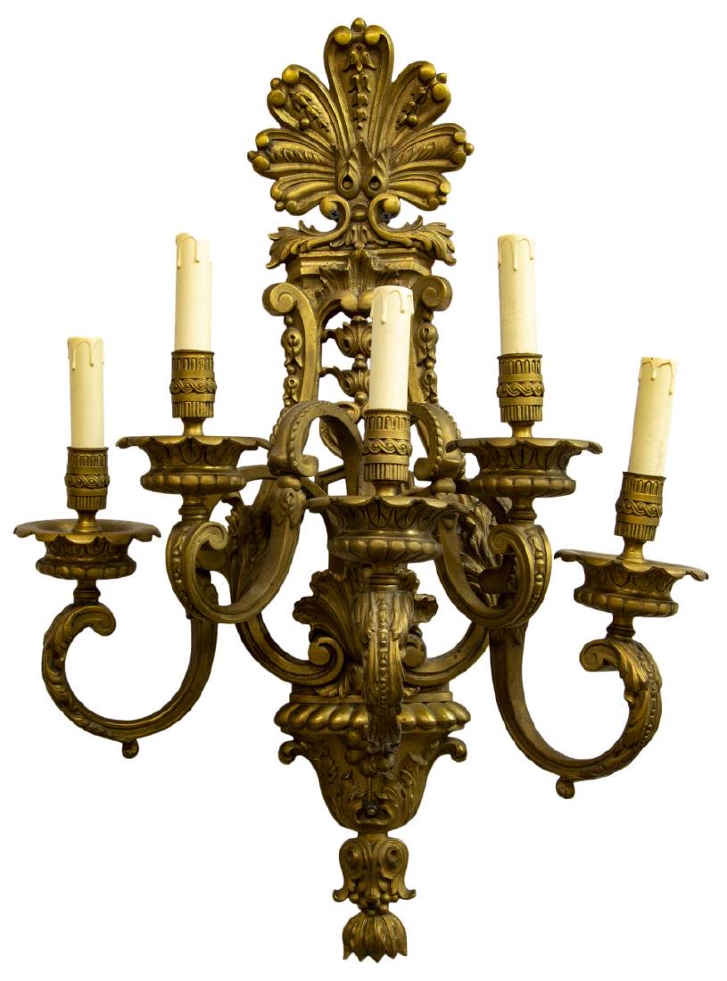 LARGE ORNATE GILT BRONZE FOLIATED 5-LIGHT SCONCE (1 of 2)