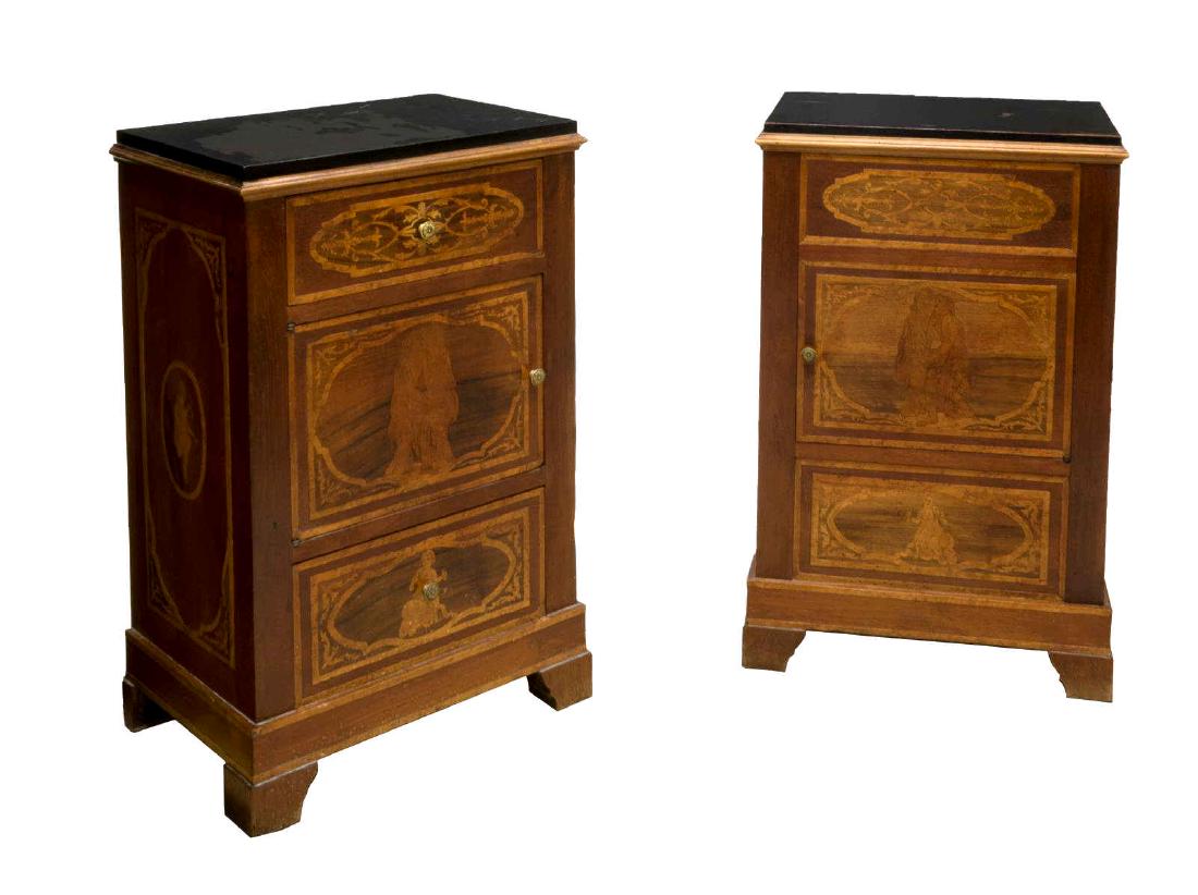 (2) ITALIAN BEDSIDE CABINETS W/ FIGURAL MARQUETRY (1 of 3)