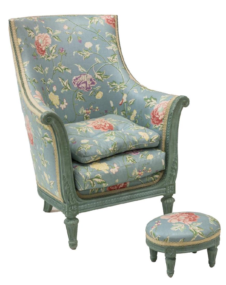 (2) LOUIS XVI STYLE FLORAL ARMCHAIR & FOOT STOOL (1 of 3)