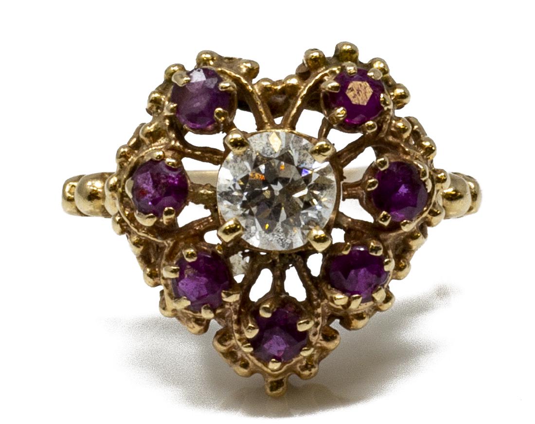 ESTATE 14KT GOLD, DIAMOND & RUBY HEART RING (1 of 7)