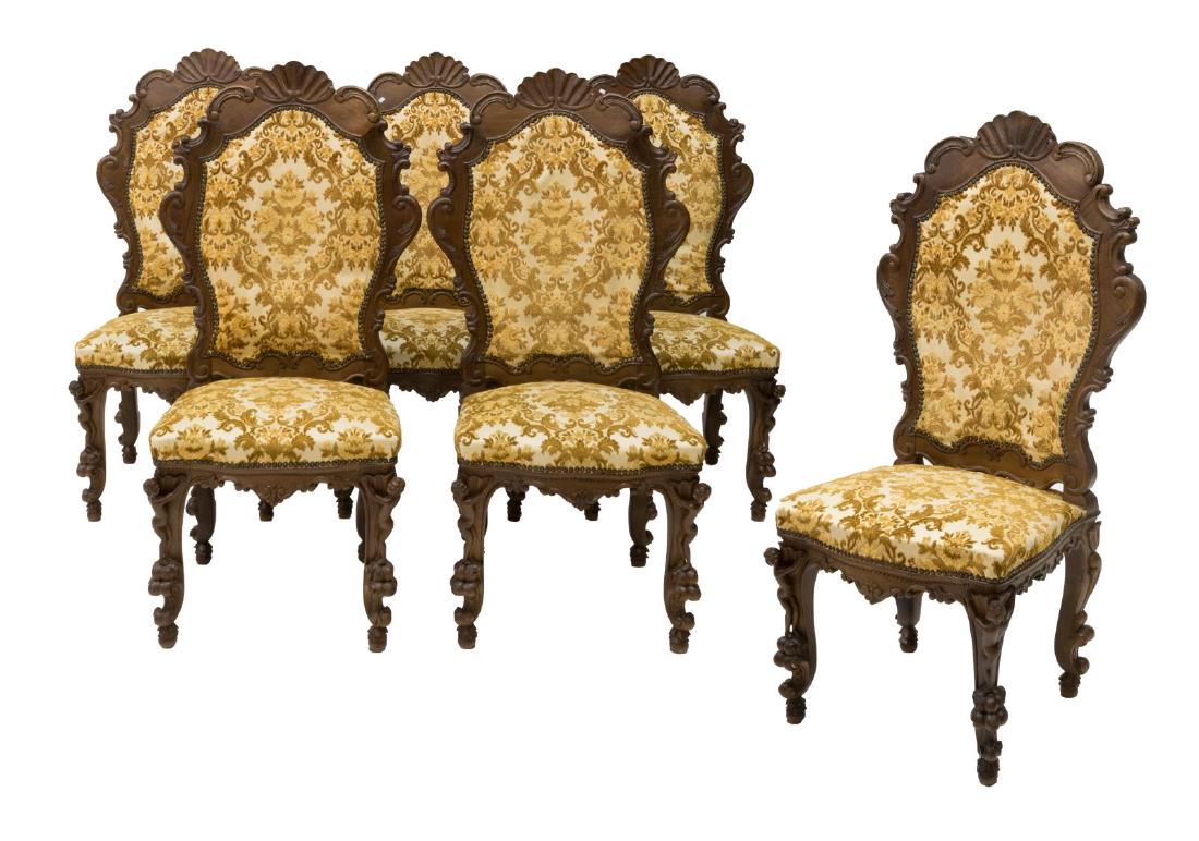 6) ORNATE ITALIAN SHELL & PUTTI CARVED SIDE CHAIRS (1 of 2)