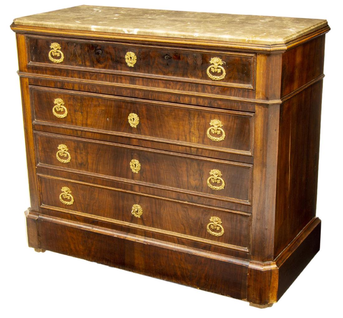 FRENCH FIGURED WALNUT MARBLE TOP COMMODE (1 of 4)
