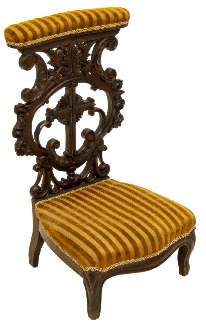 FRENCH CARVED UPHOLSTERED PRIE-DIEU PRAYER CHAIR (1 of 3)
