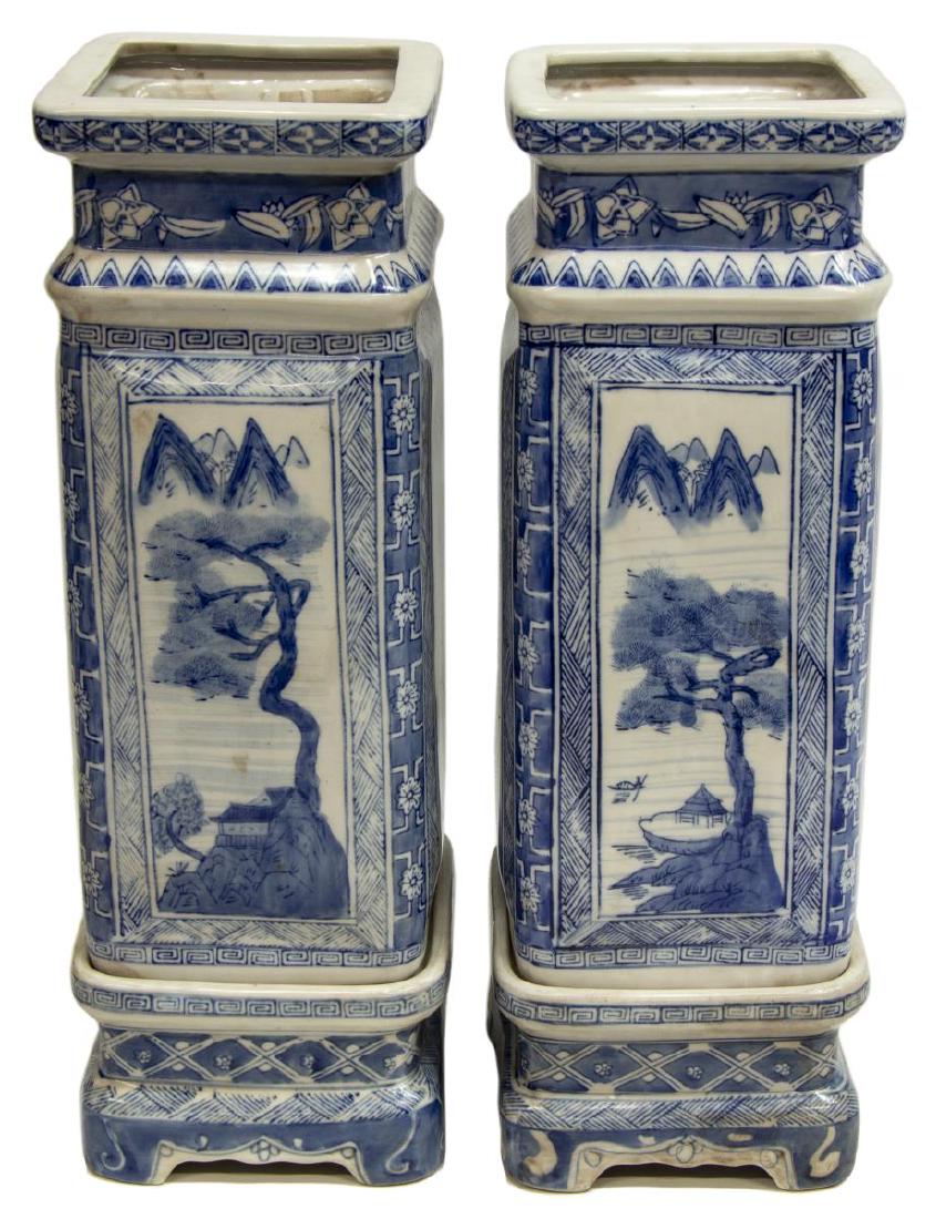 (2) CHINESE BLUE & WHITE SQUARE VASES ON STANDS (1 of 3)