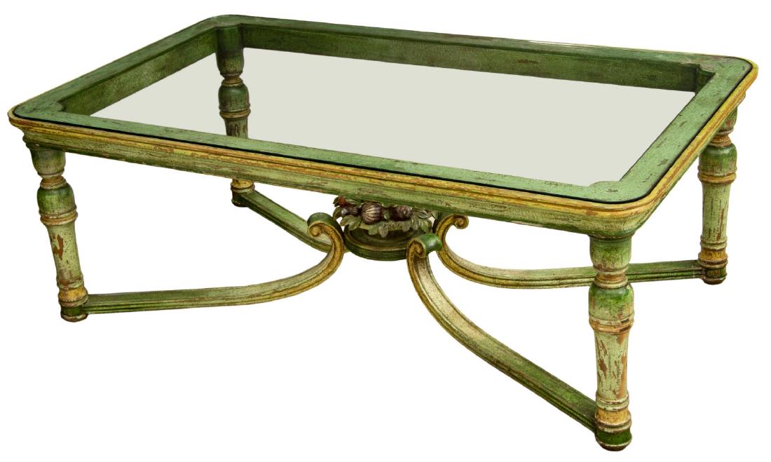 FRENCH GLASS-TOP POLYCHROME PAINTED COFFEE TABLE (1 of 2)