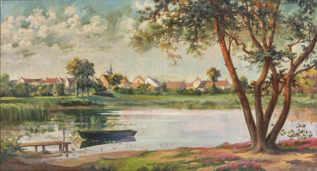 OIL ON CANVAS PAINTING VILLAGE SCENE WITH POND (1 of 4)