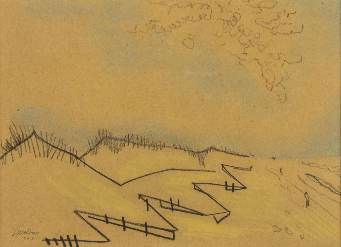 JOSEPH WOLINS (D.1999) BEACH LANDSCAPE SKETCH: Framed mixed media sketch/ preparatory drawing on paper, 1943, Beach Landscape, dated and signed lower left J. Wolins (Joseph Wolins, New York, New Jersey, 1915-1999), sight: approx 8"h, 11"w, overall