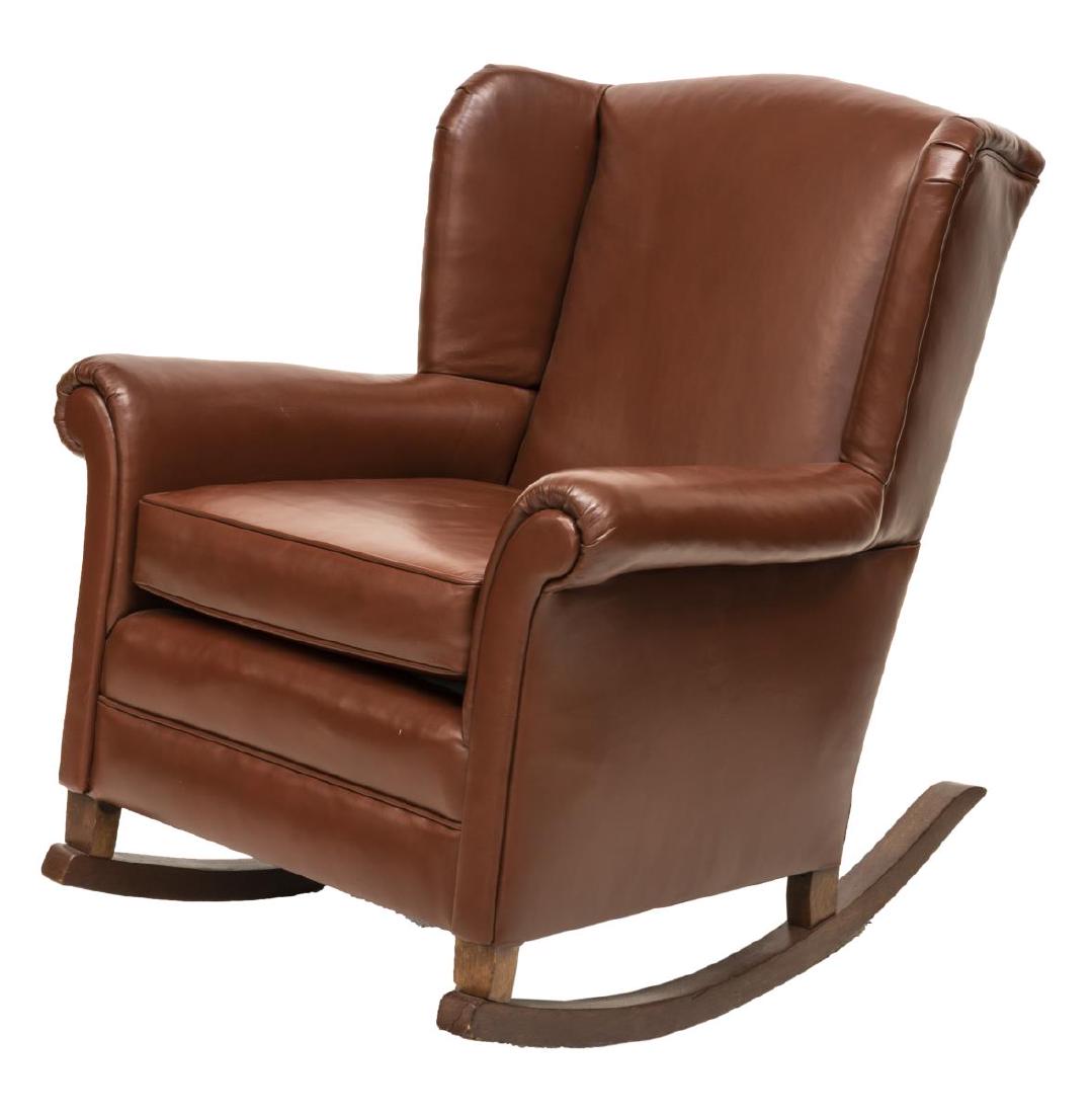 BROWN LEATHER WINGBACK ROCKING CHAIR