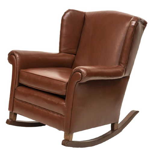 BROWN LEATHER WINGBACK ROCKING CHAIR