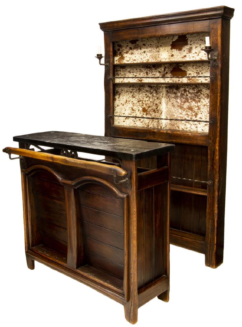 RUSTIC FORGED IRON & OAK BAR & BACK & 3 STOOLS (1 of 6)