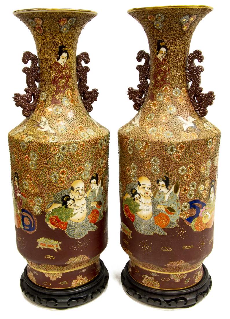 (2) LARGE SATSUMA STYLE PORCELAIN VASES ON STANDS (1 of 3)