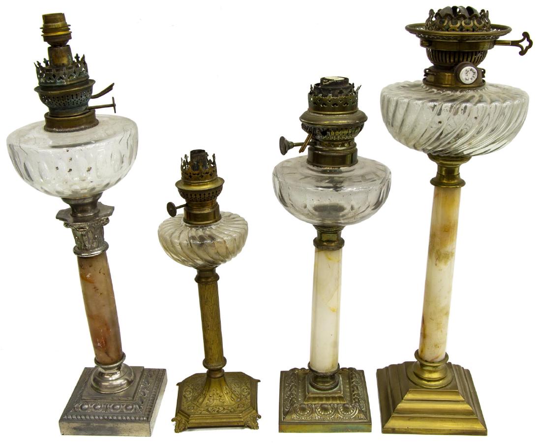 (4) ANTIQUE BANQUET OIL LAMPS, STONE & METAL (1 of 3)