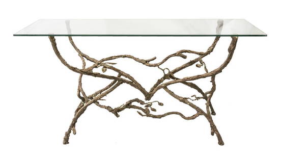 CONTEMPORARY TWIG FORM GLASS-TOP CONSOLE TABLE: Contemporary console table, 20th c., glass top, over naturalistic cast metal base, in the form of entwined tree branches, oxidation and loss to finish, approx 32.5"h, 64"w, 22"d Start Price: $150.00