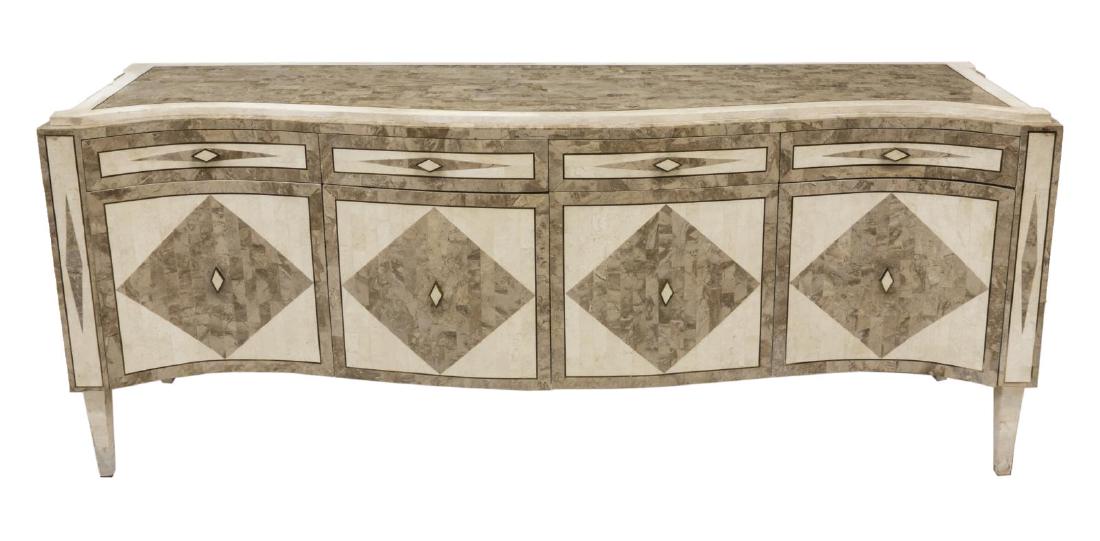 THAYER COGGIN TESSELLATED STONE SIDEBOARD: Modern sideboard, late 20th c., Thayer Coggin, with tessellated stone/ marble tiled surface, long rectangular case fitted with four drawers, over four cabinets, rising on tapered legs, approx 30.25"h,