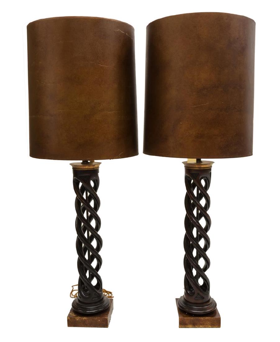 (2) JAMES MONT FOR FREDERICK COOPER 'HELIX' LAMPS: (lot of 2) Frederick Cooper "Helix" table lamps, design attributed to James Mont (Turkey, New York, 1904-1978), having cylindrical shades resting upon spiraled wood standards, rising from square bases