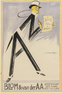 LOUIS RAEMAEKERS (D.1956) ART DECO LITHO POSTER: Framed Dutch Art Deco lithograph poster on paper, c. 1920s-1930s, signed in print Louis Raemaekers (Netherlands, 1869-1956), advertising the "A to Z" insurance policies offered by Blom and van der AA,