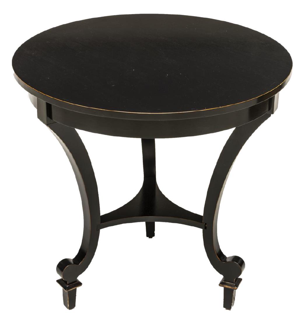 ARTERIORS HOME EBONIZED CIRCULAR ACCENT TABLE: Arteriors Home accent table in an ebonized finish, the circular top on three shaped legs, joined by lower stretcher, and rising on elongated feet, approx 29"h, 29.5"diam Start Price: $80.00