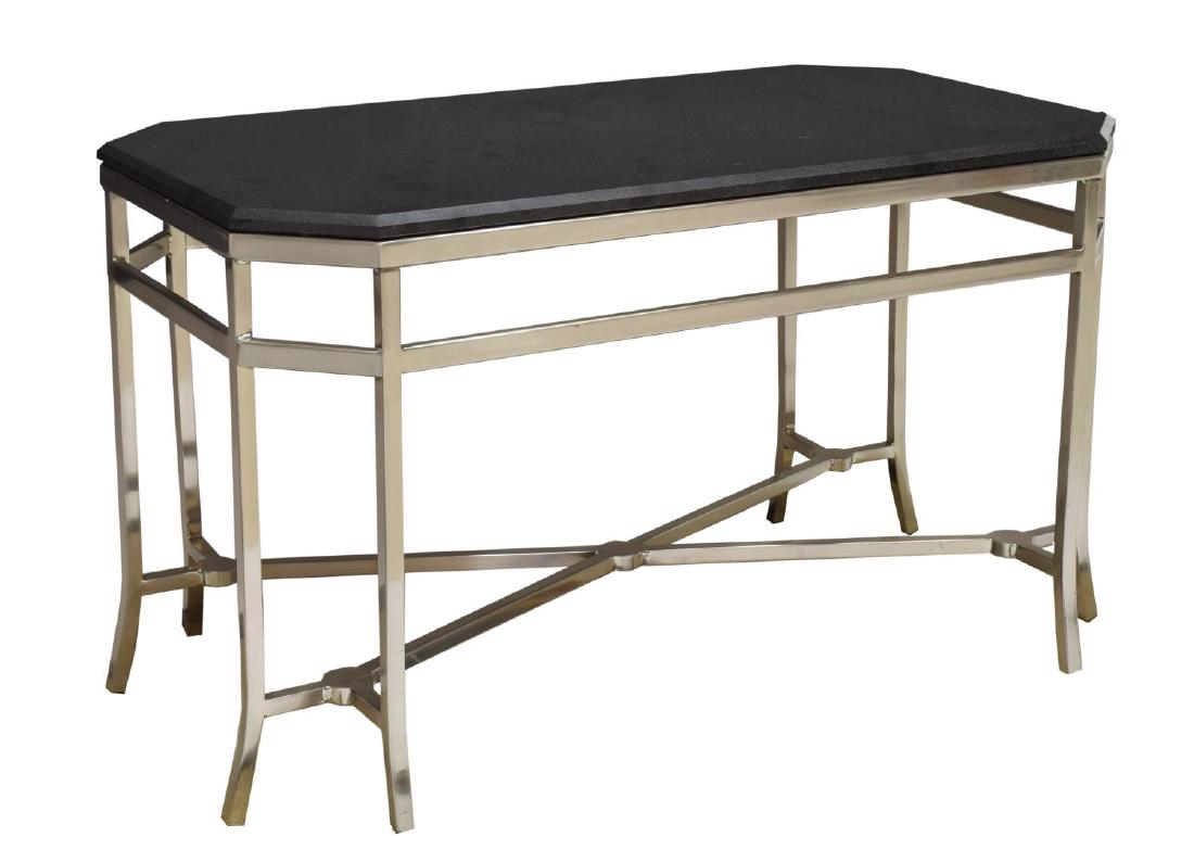MODERN MARBLE TOP CHROMED STEEL COFEE TABLE: Modern coffee table, having a black marble top with canted corners, rising on a chromed steel stretcher-joined base, approx 24"h, 41"w, 21.5"d Start Price: $40.00