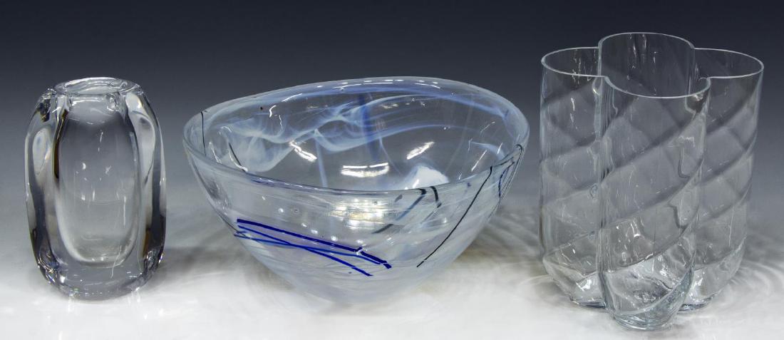 (3) SWEDEN KOSTA BODA ART GLASS VASES & BOWL: (lot of 3) Kosta Boda art glass, Sweden, including: (1) small vase, etched signature Warff (Goran Warff, Sweden, b.1933), approx 5.75"h, 3.5"w, 2.25"d, (1) lobed vase, approx 6.5"h, 5.5"w, 5.5"d, (1)