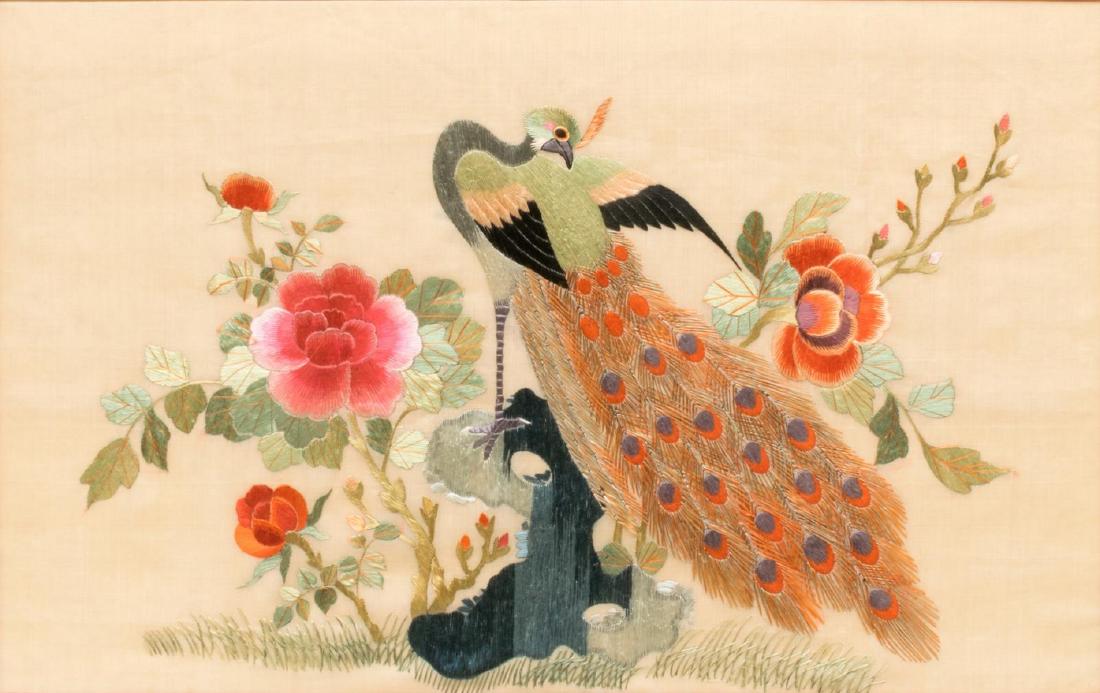 FRAMED CHINESE PEACOCK SILK THREAD EMBROIDERY (1 of 3)