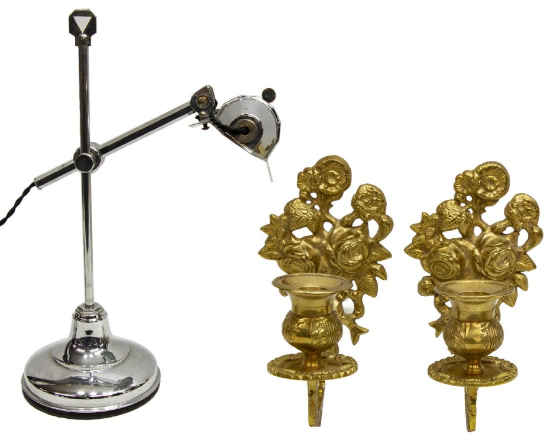 (LOT) CHROMED ART DECO DESK LAMP & BRASS SCONCES (1 of 5)