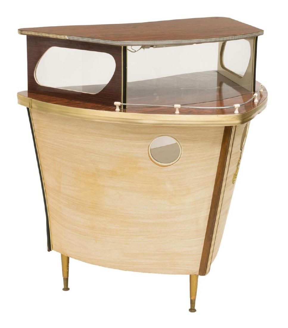 FRENCH MID-CENTURY BAR FORMED AS THE BOW OF A SHIP: French bar formed as a bow of a ship, 1960's, the upper shelf with rosewood laminate above a second laminated shelf extending to the front with glass sides, the lower section with storage and porthole