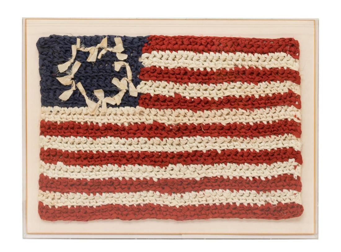 SHADOWBOX FRAMED FOLK ART AMERICAN FLAG RAG RUG (1 of 2)