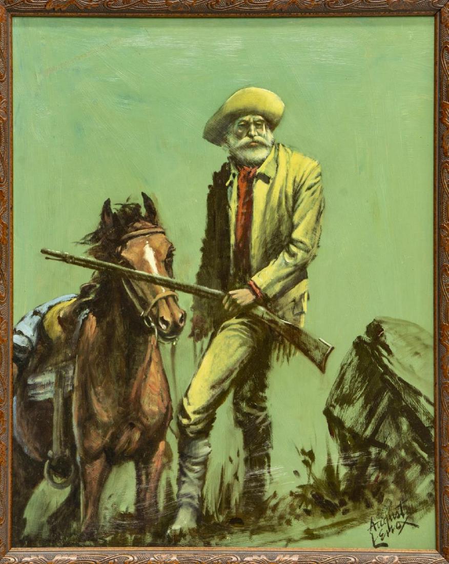 AUGUST LENOX (1908-1986) COWBOY, RIFLE & HORSE: Framed oil painting on board, Cowboy with Rifle & Horse, signed lower right August Lenox (August (Curley) Lenox,Texas, California, 1908-1986), 19.5"h, 15.5"w, overall: 23.5"h, 19.5"w, 4lbs Start Price