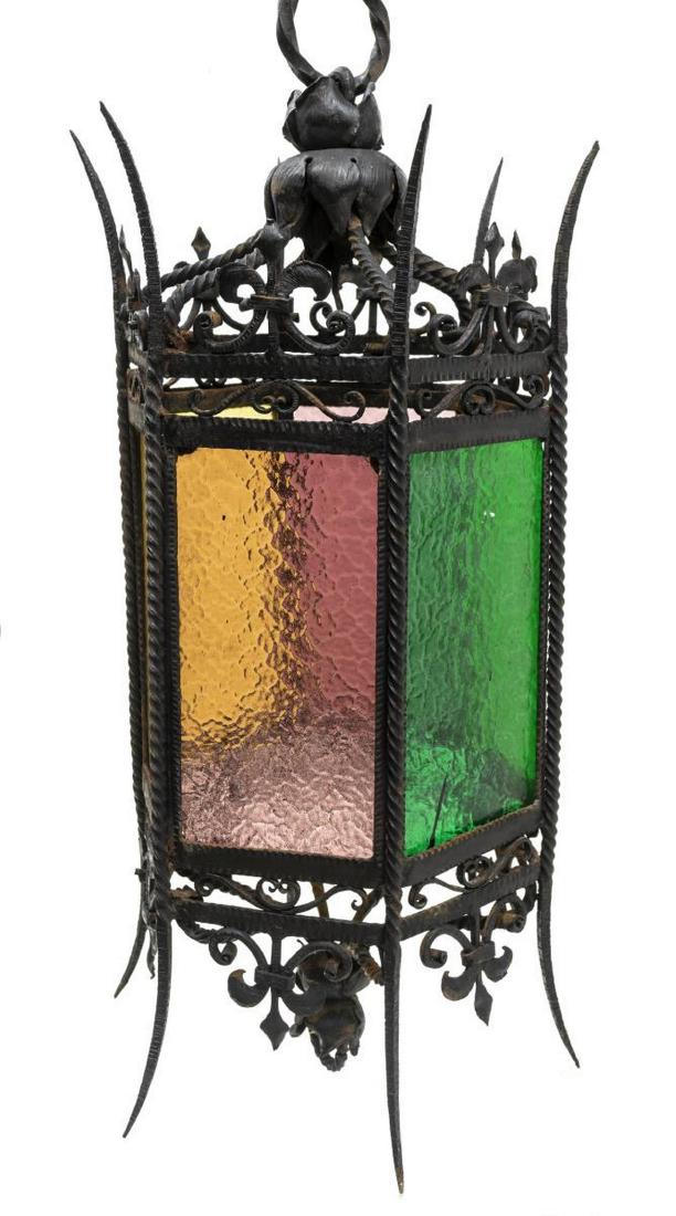 SPANISH STYLE IRON & COLORED GLASS HANGING LANTERN (1 of 2)