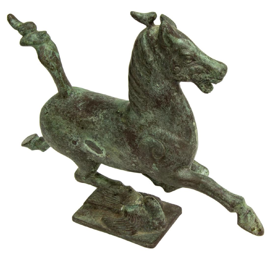 CHINESE BRONZE FLYING HORSE ON SWALLOW: Chinese bronze sculpture, Flying Horse of Gansu, after the original Han Dynasty (50BC-100AD) sculpture discovered in 1969 at Wuwei, Gansu Province, China, 11"h, 14"w, 3.25"d, 10.35lbs Start Price: $15